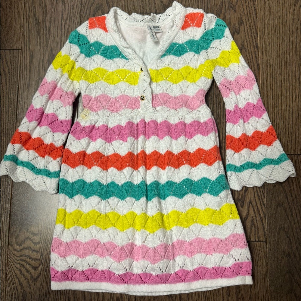 Janie and Jack White Knit Dress with Teal, Yellow & Coral Chevron size 18/24